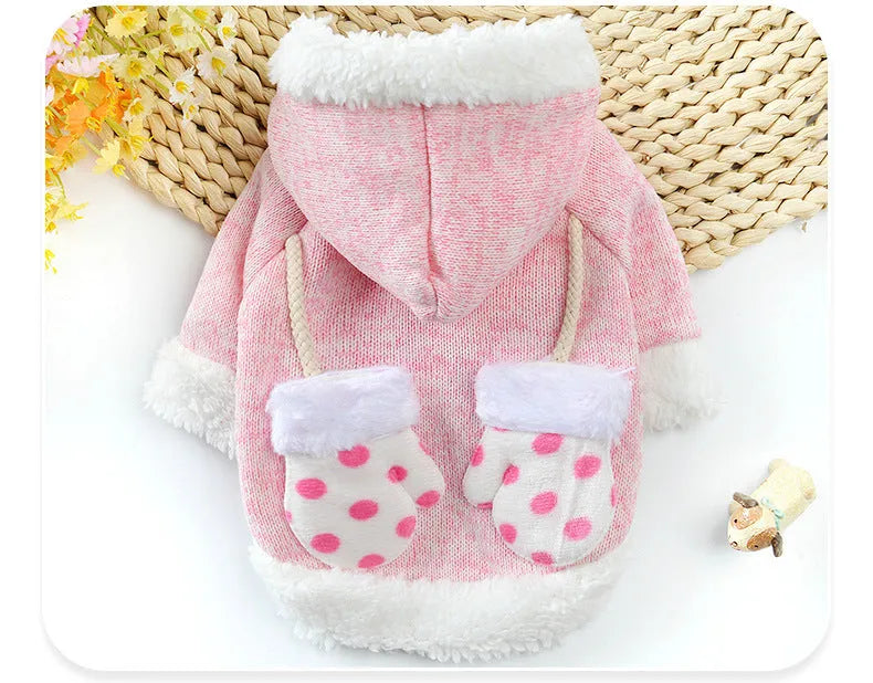Dog Christmas sweater in pink knitted fabric, available in sizes XS to XL with size chart