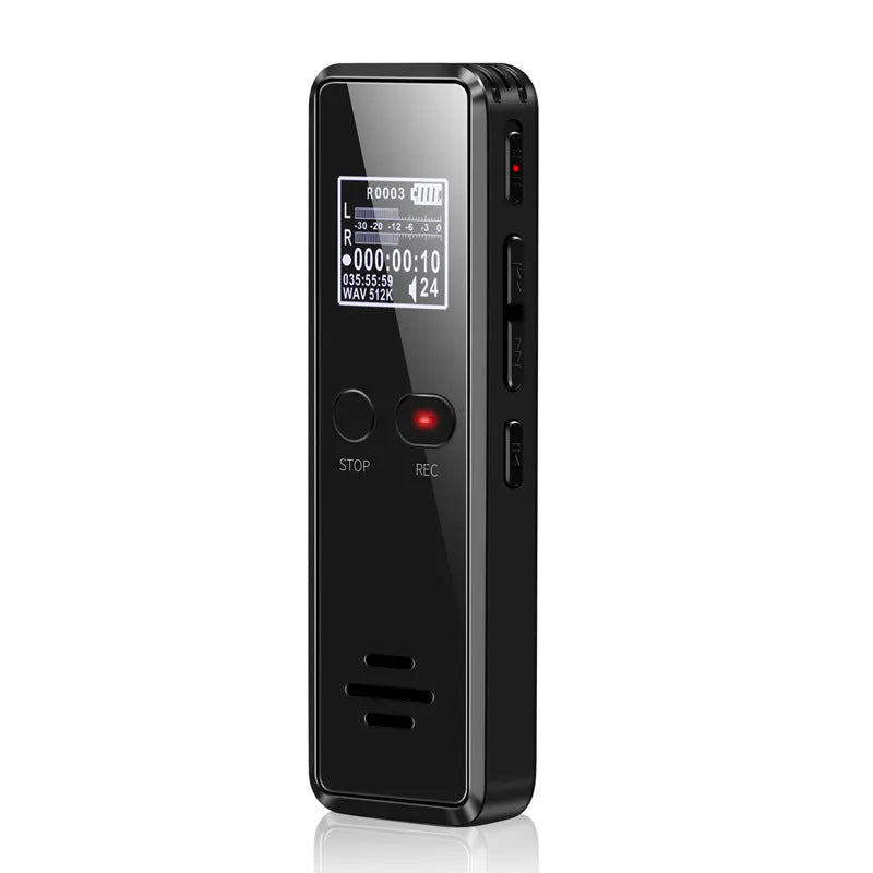 Black zinc alloy USB MP3 player and voice recorder showing display screen and USB connector.