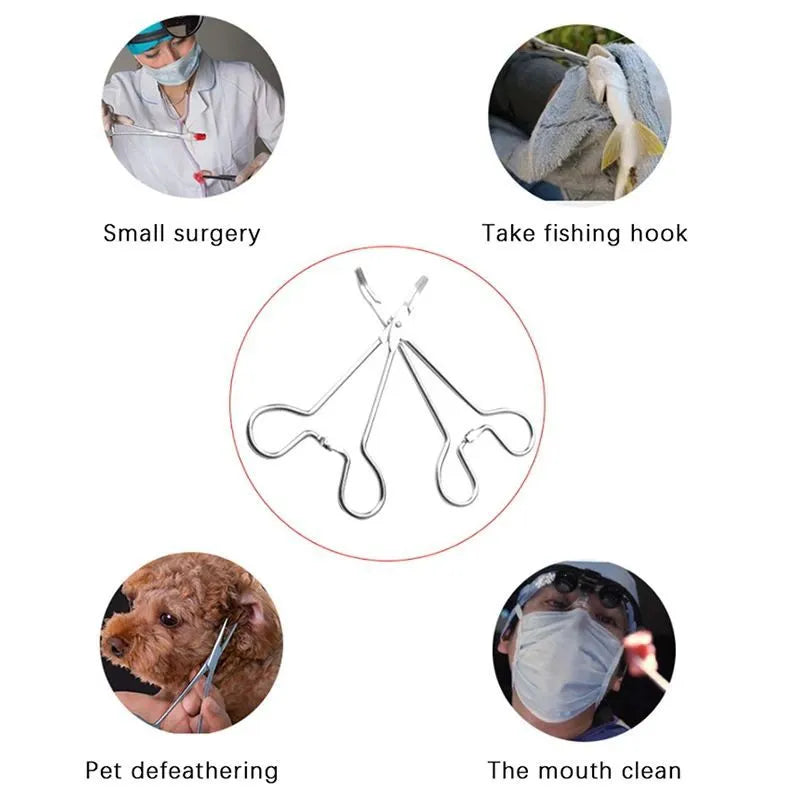 Silver stainless steel pet ear tweezers with anti-slip handle and curved tip for cats and dogs.