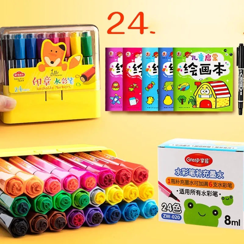 Children's washable painting brushes with hexagonal handles in blue, pink and yellow colours