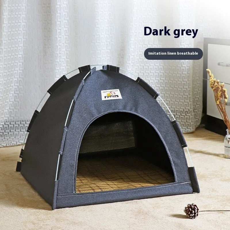 Grey breathable pet tent bed with removable cover for a small dog or cat.