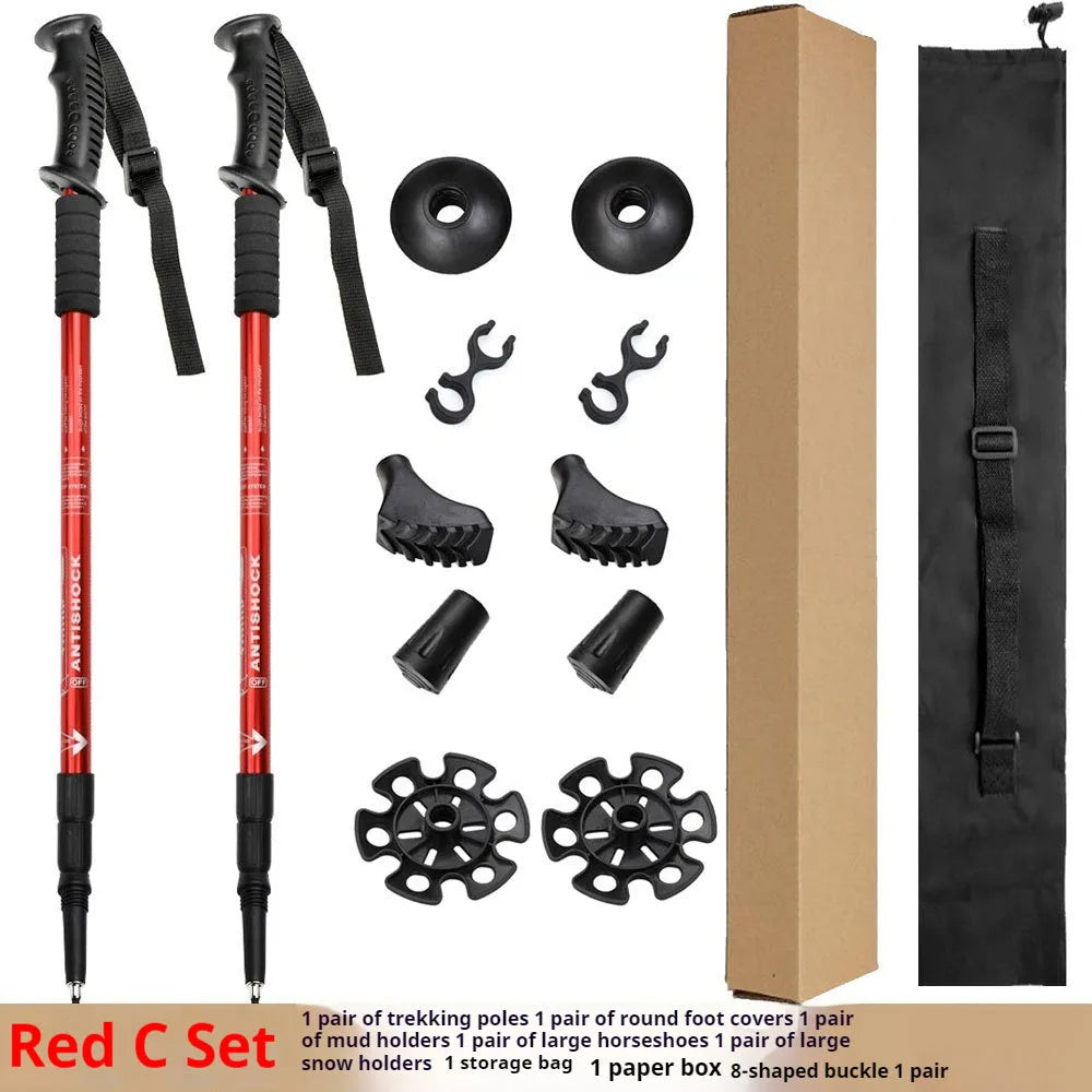 Aluminium alloy telescopic trekking poles with straight handles, adjustable from 65cm to 135cm, shown with mud supports and snow holders.