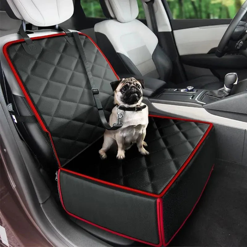 Black non-slip dog car pad placed on a vehicle's front passenger seat