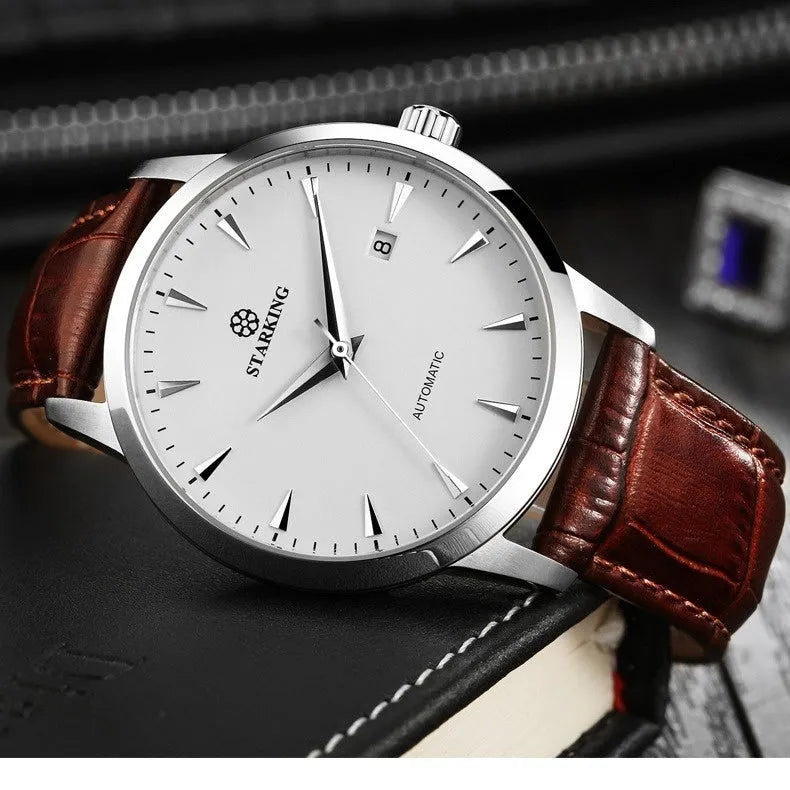 Starking Star Watch automatic men with black dial, light brown leather band, and steel case