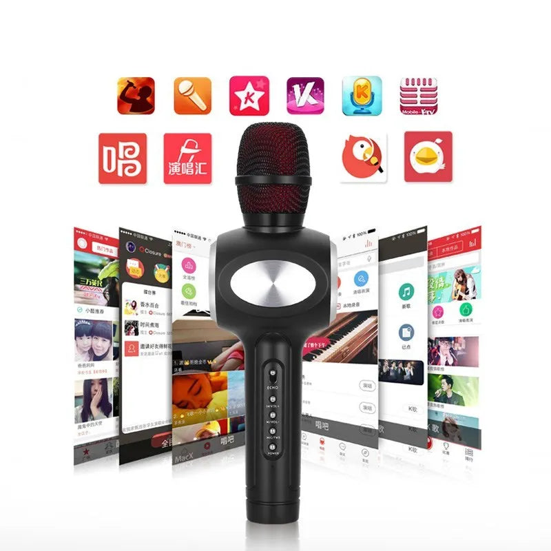 Yaerjia E108 mobile microphone in black, gold, or pink colours with capacitive pickup and echo effects