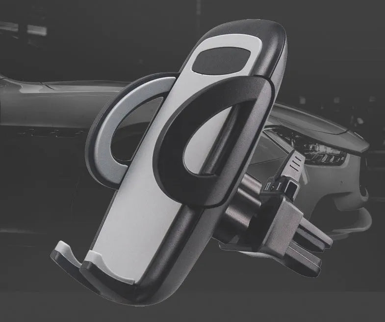 Black universal car mobile phone holder mounted on air conditioning vent