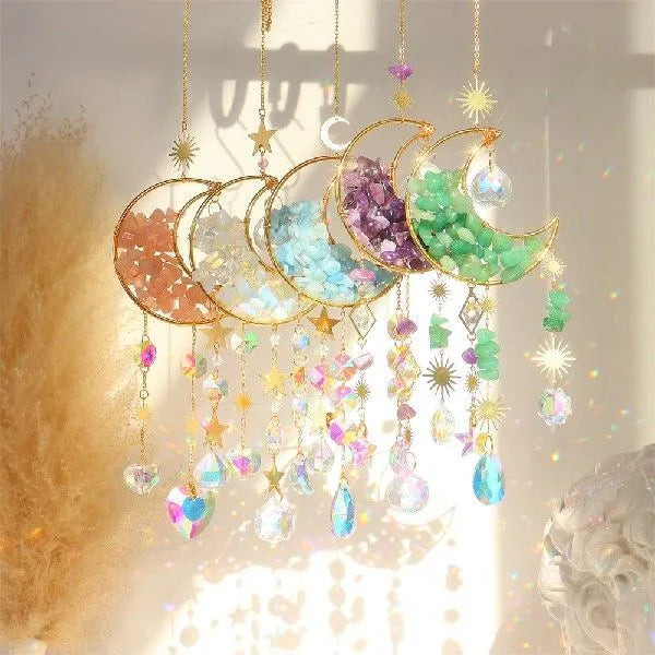 K9 crystal moon-shaped car pendant hanging, showing reflective surface in a choice of colours.