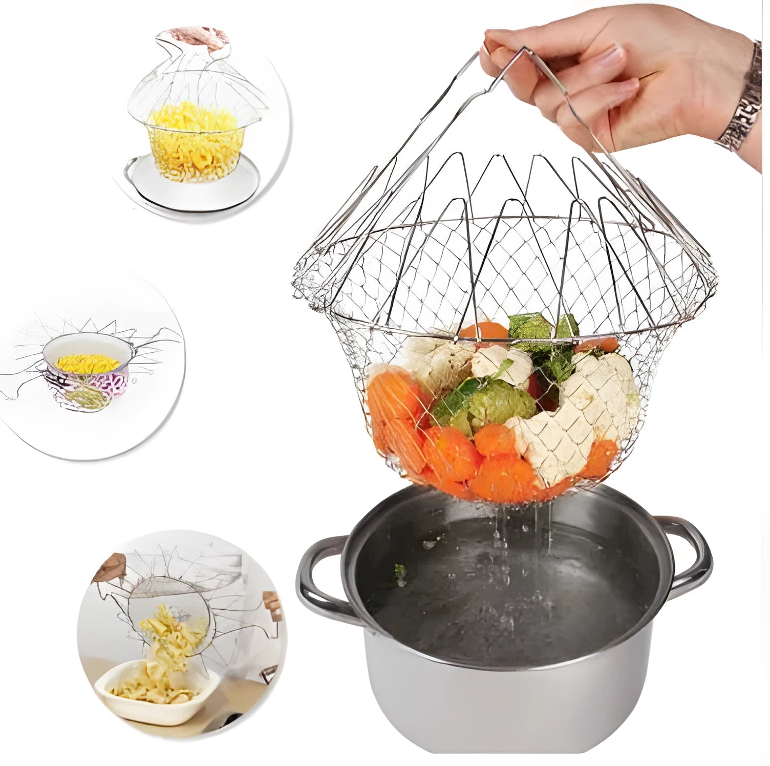 23cm square stainless steel foldable deep fry basket with mirror finish