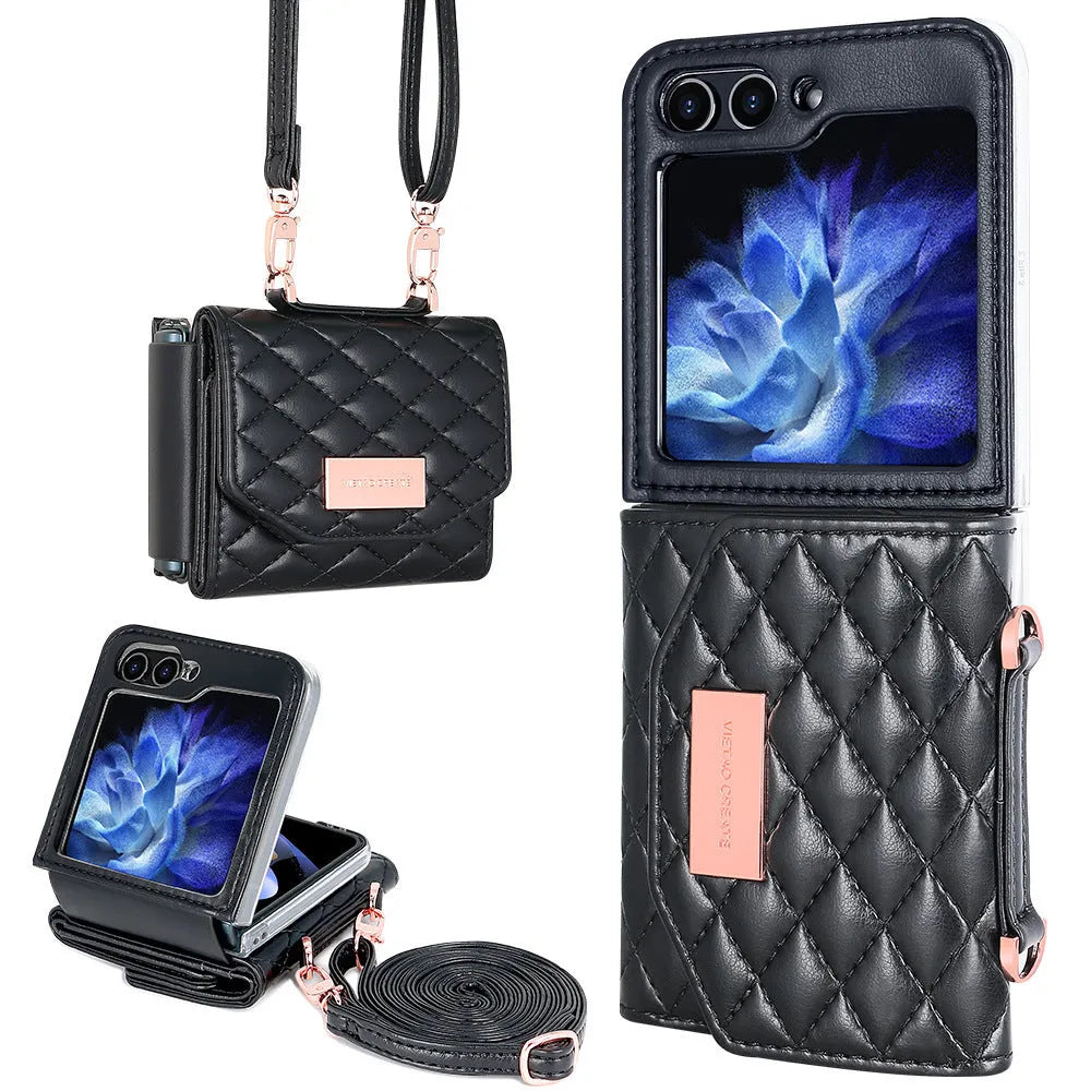 Fashion PU phone cover with lanyard and card slot for Samsung Z Flip in purple