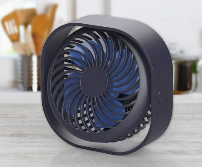 USB desk fan with rotating head in blue colour, showing rotary switch and compact square design.