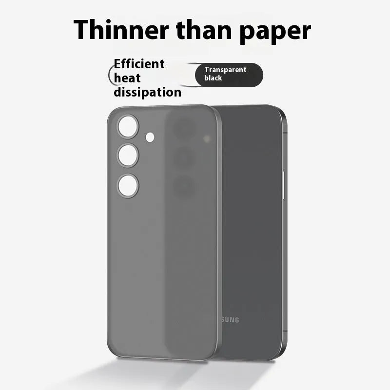 Ultra-thin transparent PC phone case for Samsung with frosted finish, heat dissipation, and bracket in white or black.