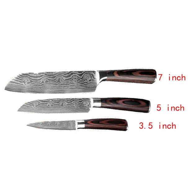Carpenter's Special kitchen knife with laser Damascus pattern blade and coloured wood handle