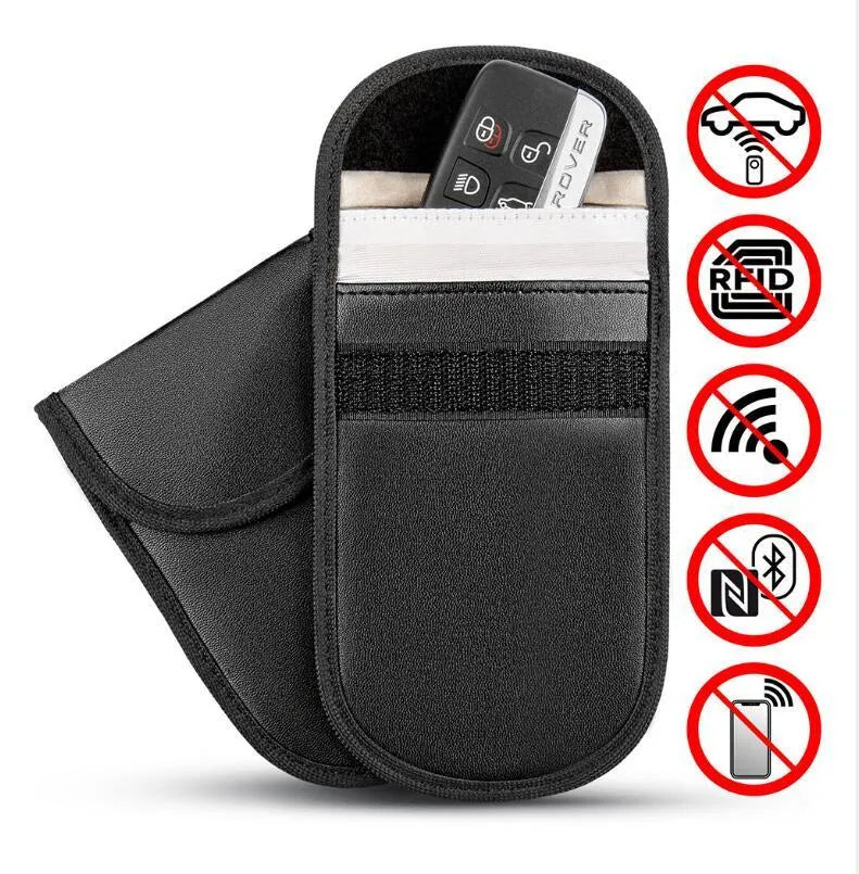 Black microfiber RFID blocking bag for car keys and credit cards, measuring 13.5 by 9.5 centimetres.