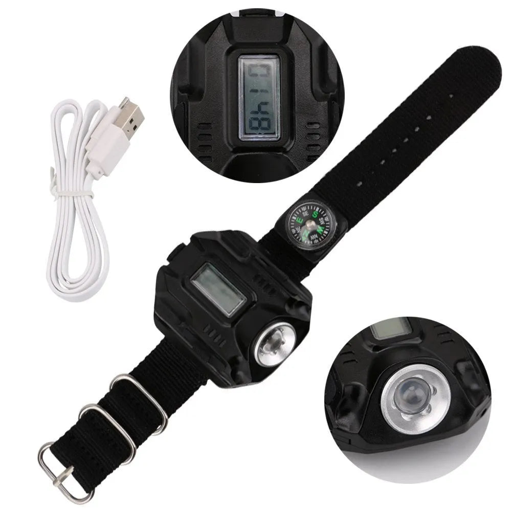 Black LED wrist watch flashlight with compass and time display, USB rechargeable, 4 mode, 100g, 22 x 2.4cm wristband