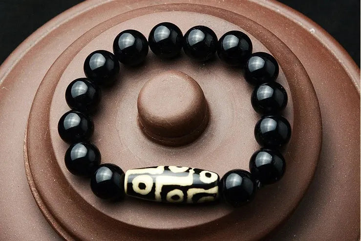 Natural black agate nine eye beads bracelet ethnic style unisex black colour 10mm 12mm 14mm