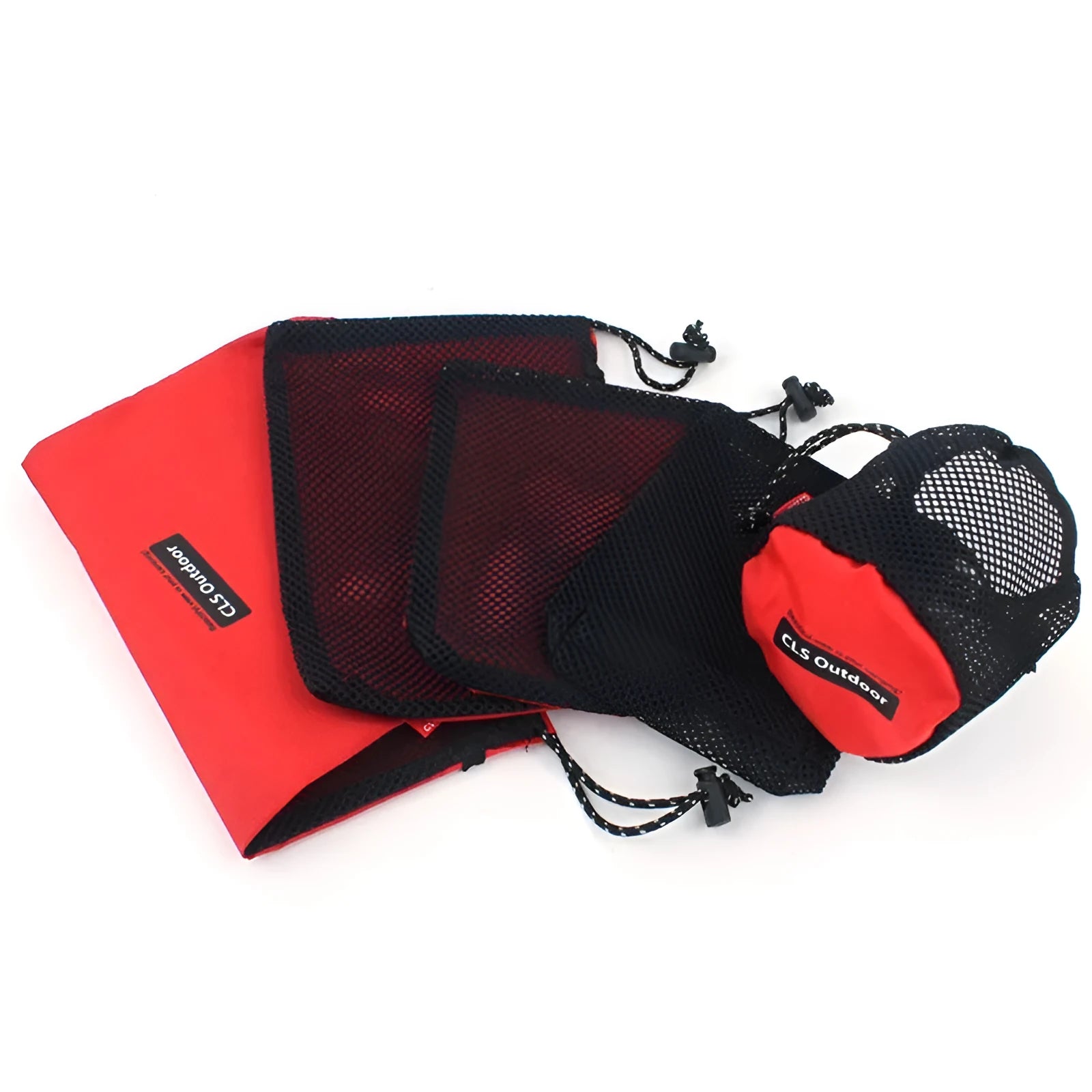 Set of five red outdoor storage bags with mesh panels and zipper closures made from 200D Oxford cloth