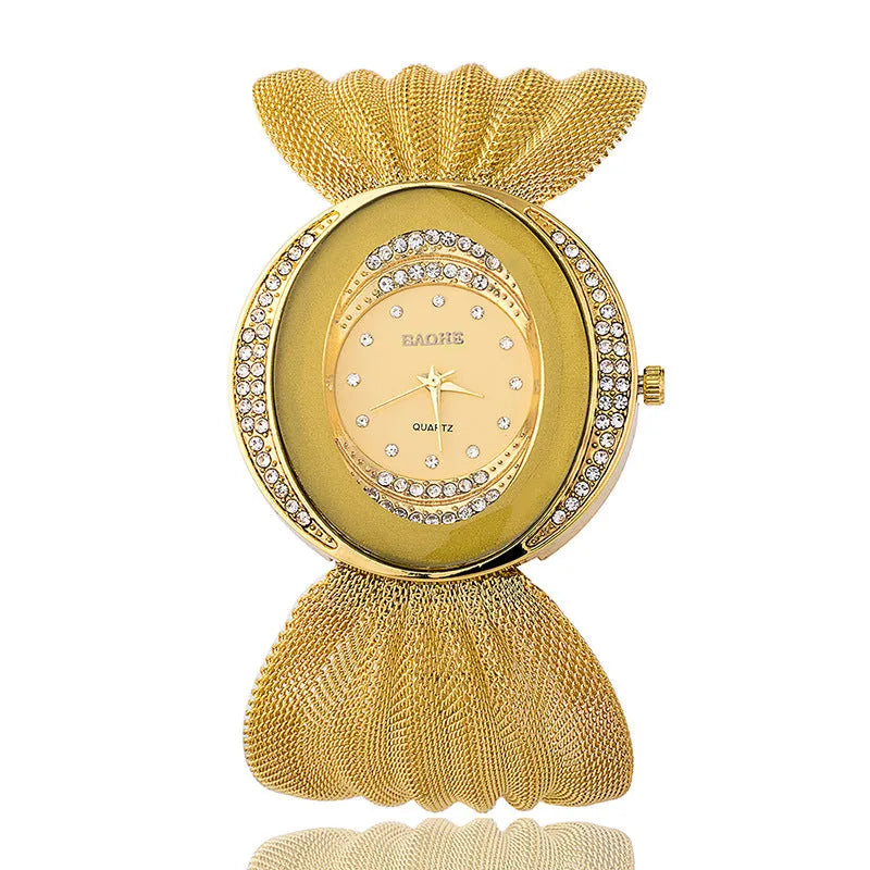 Ladies fashion watch with gold or silver alloy mesh strap, 40mm oval dial, 7mm thickness, jewellery clasp