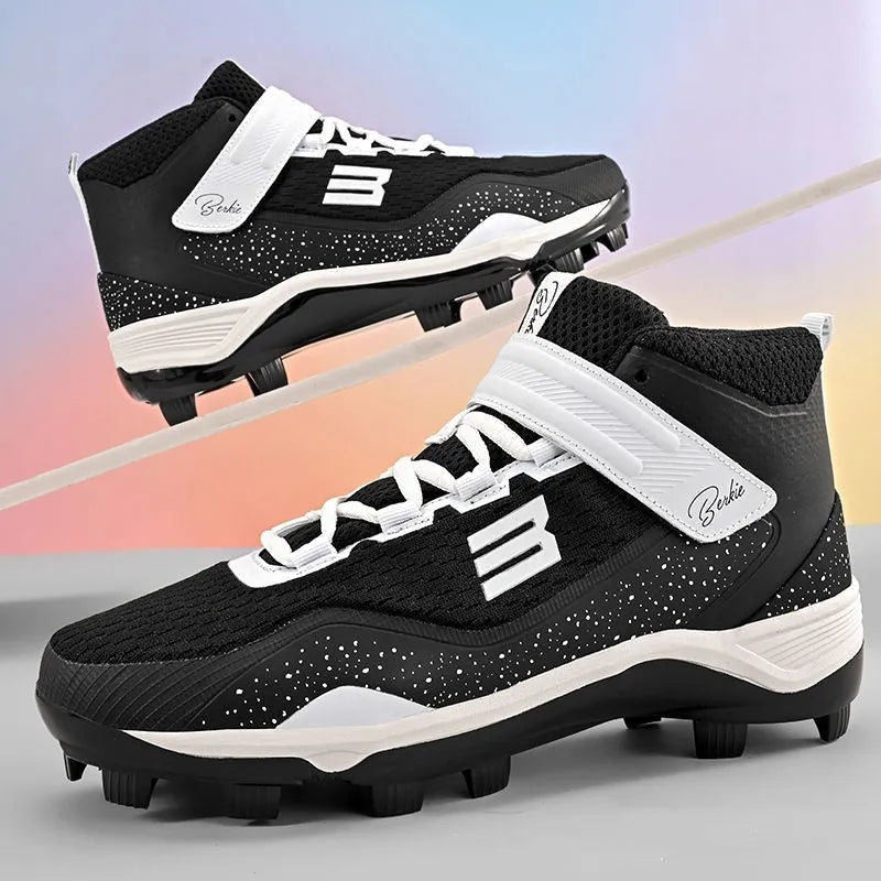 Black and white middle-top training sneakers with Velcro closure and wear-resistant rubber soles for softball