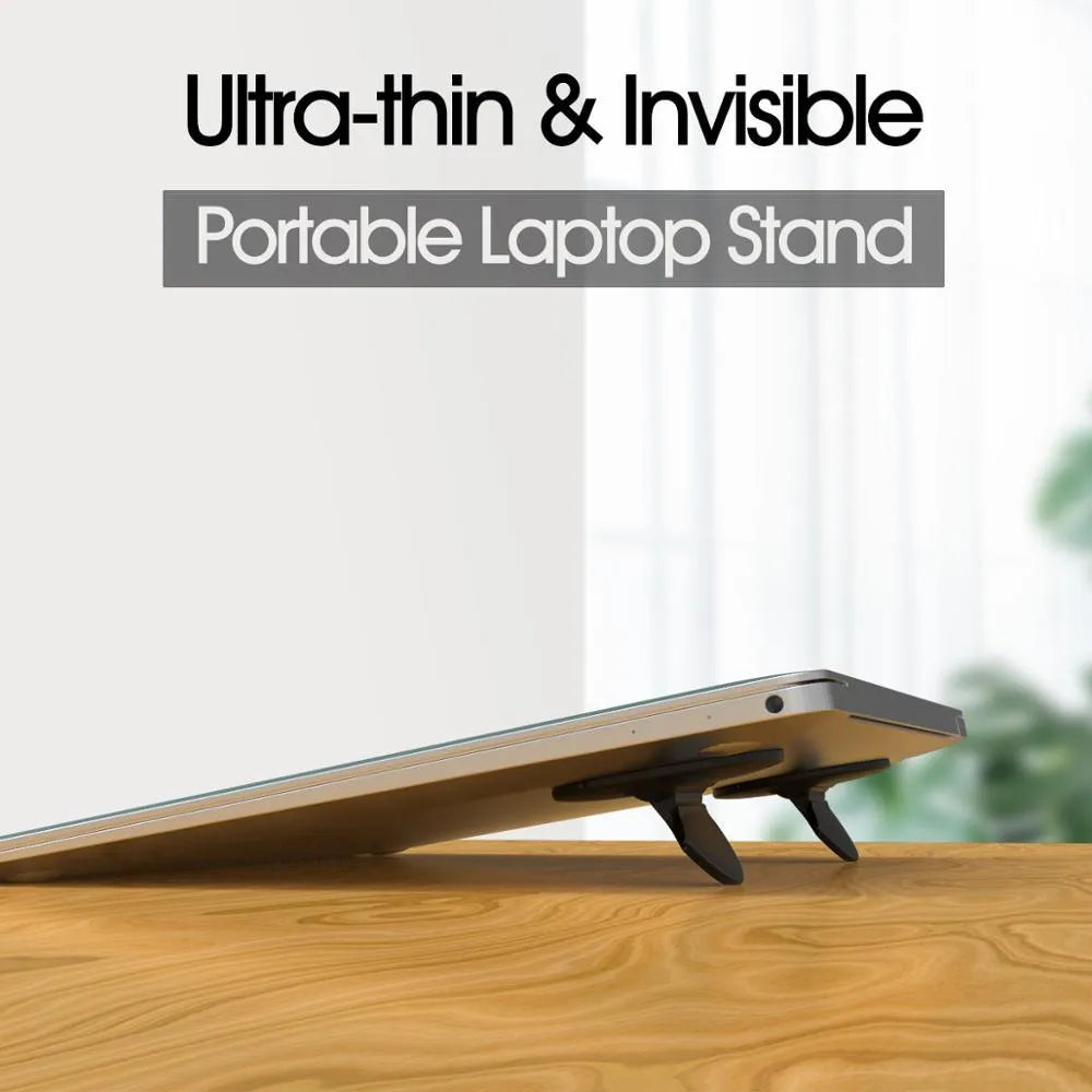 Adjustable mini portable invisible laptop stand in black ABS plastic, 50x50x6.5mm, two-pack