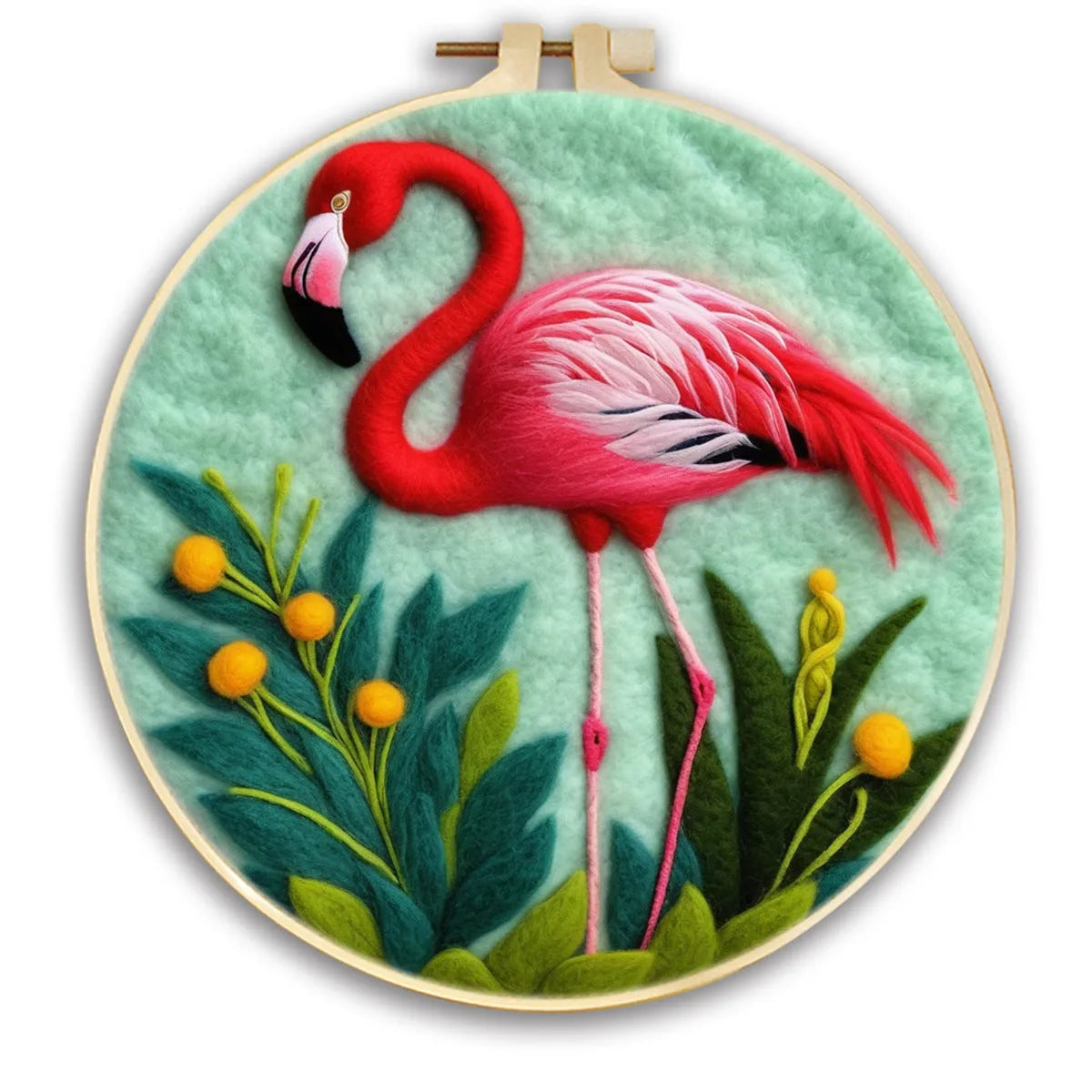 Round linen embroidery frame with wool felt floral decoration kit for three-dimensional wall art