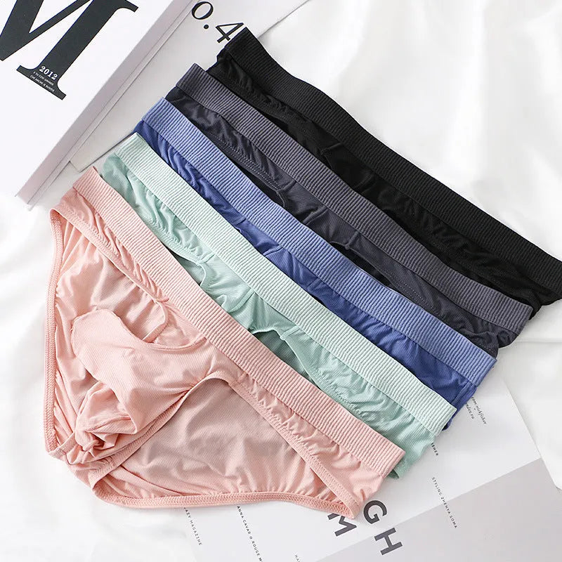 Men's low waist ice silk briefs in five colours showing the briefs style.