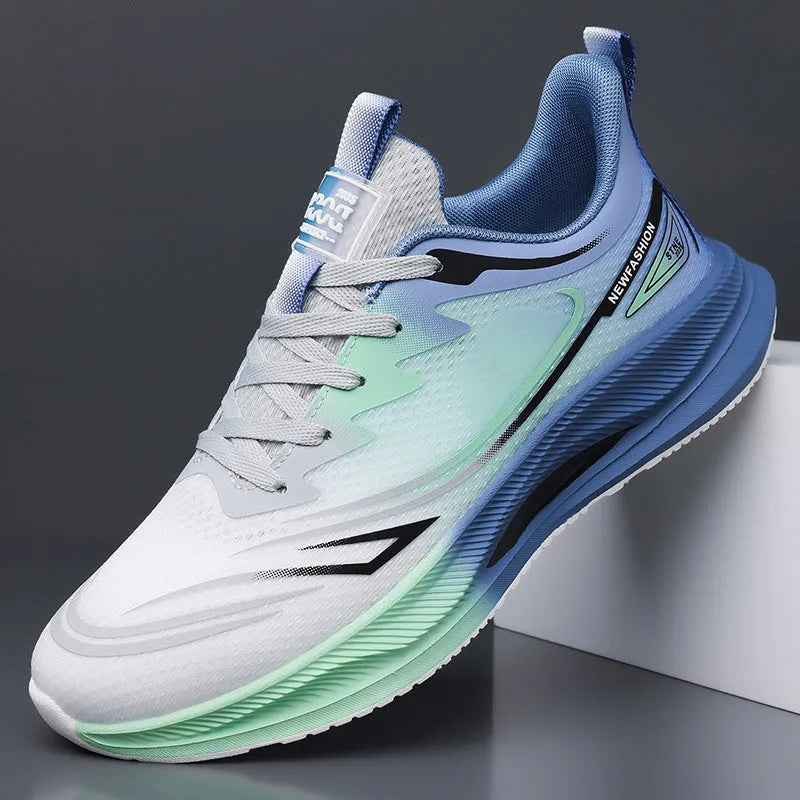 Men's Fly Woven Mesh casual shoes in grey and green, showing low-top design and rubber sole.