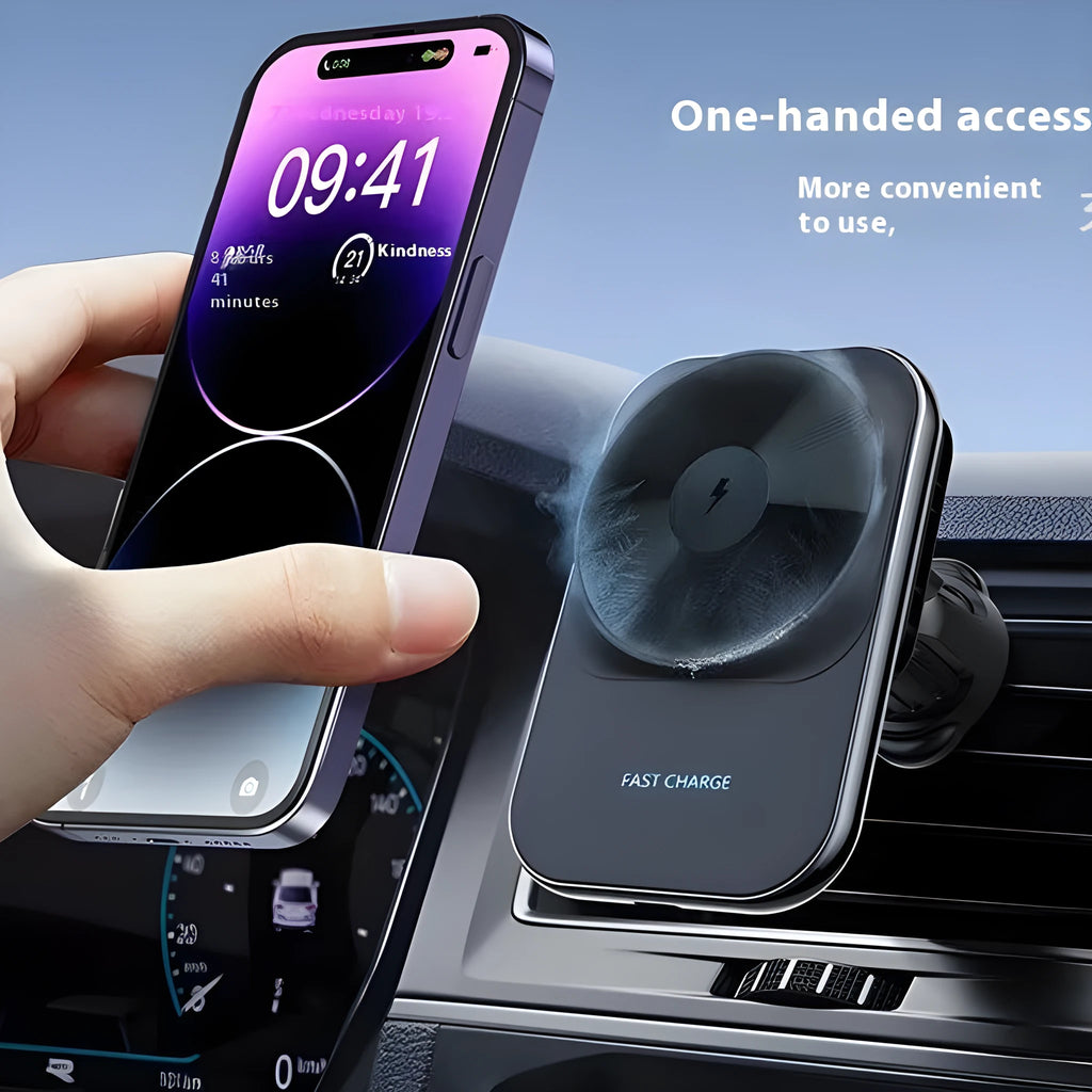 S16 black magnetic car wireless charger with semiconductor cooling, electroplated frame, and CD lens surface
