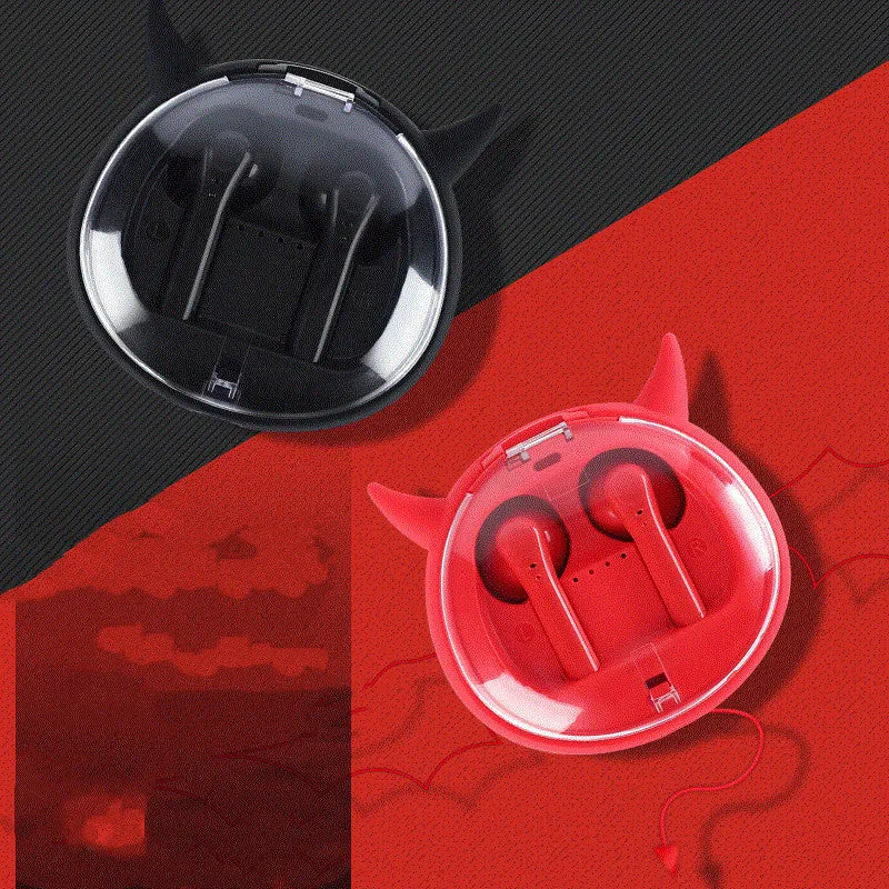 Macaron Red coloured TWS true wireless Bluetooth 5.0 in-ear headphones with charging case.