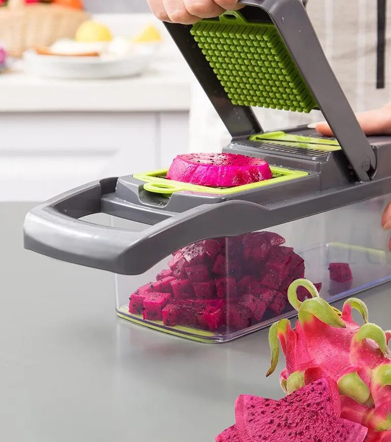 Multifunctional vegetable cutter with 7 stainless steel blades on a kitchen countertop