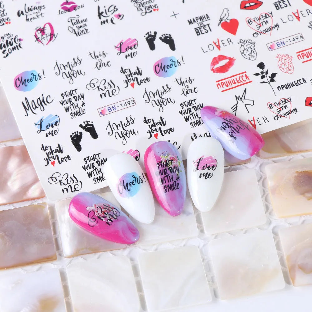 Love lip print letter nail sticker sheet measuring 16x25.5cm with black and red kiss designs