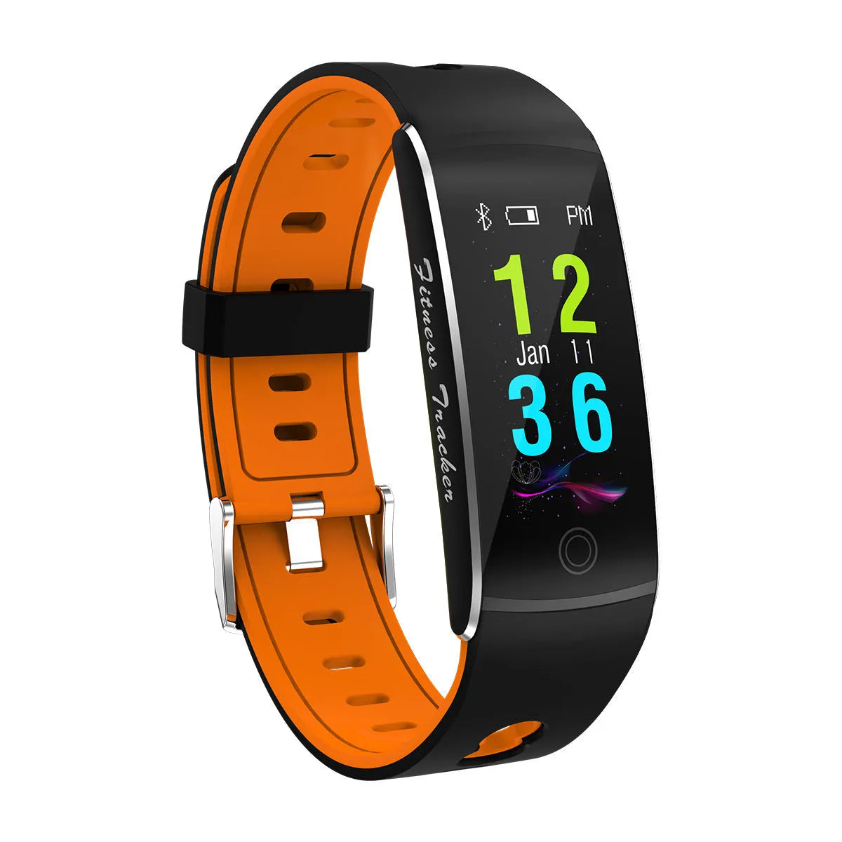 F10T smart bracelet with colour touchscreen on a silicone wrist strap, shown in black, green, orange, and red colour options.
