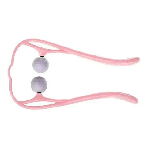 Blue plastic swan-shaped neck massager hand roller with 3D floating points on a white background.
