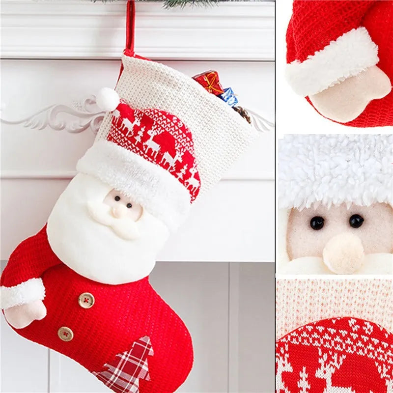 Large red and white knitted Christmas stocking with Santa Claus design for fireplace mantel decoration