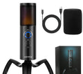 Black Q18 USB condenser microphone with RGB lights on a adjustable metal tripod stand.