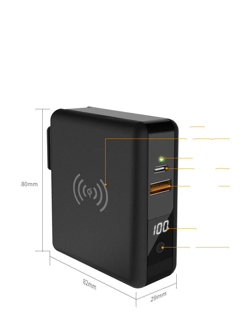 Super QI Power Bank showing fold-out UK, EU, US, and AU plug pins next to a smartphone on its wireless charging surface.