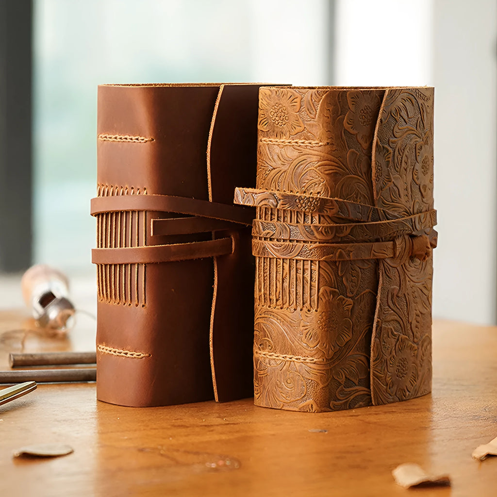 Real leather notebook in brown with 400 blank 120gsm kraft pages, 100 x 155mm, handmade binding
