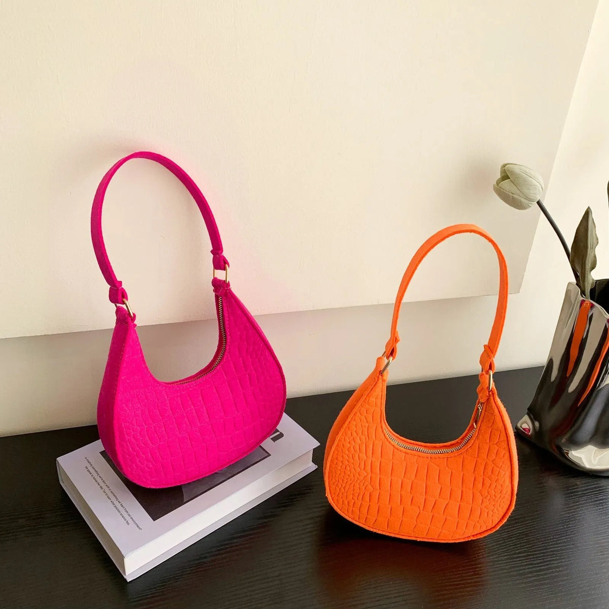 Casual felt shoulder handbag in orange red, rose red, black, brown, khaki, or green with polyester lining