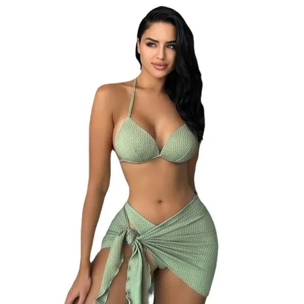 Women's three-piece swimsuit set in Russian split style, shown in a solid colour with top, panties, and skirt.