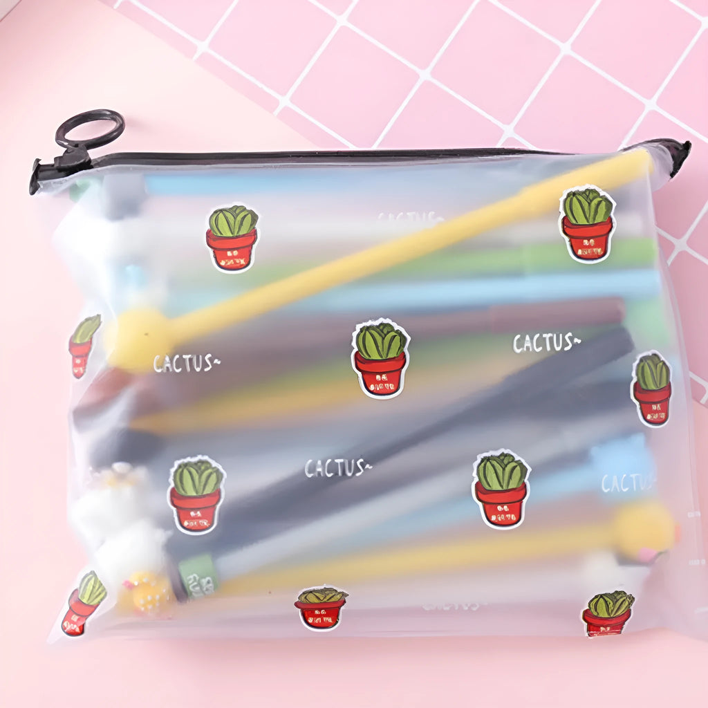Marvel cartoon pen set showing twenty black 0.5mm pens in plastic carry case with cactus designs