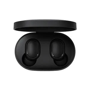 Black Redmi AirDots 2 true wireless earphones with charging case and three sizes of silicone ear tips.