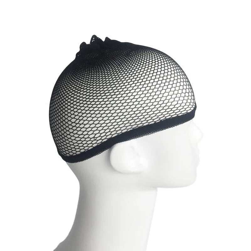 Black elastic wig hair net laid flat showing fine mesh and stitched elastic edge for wig application