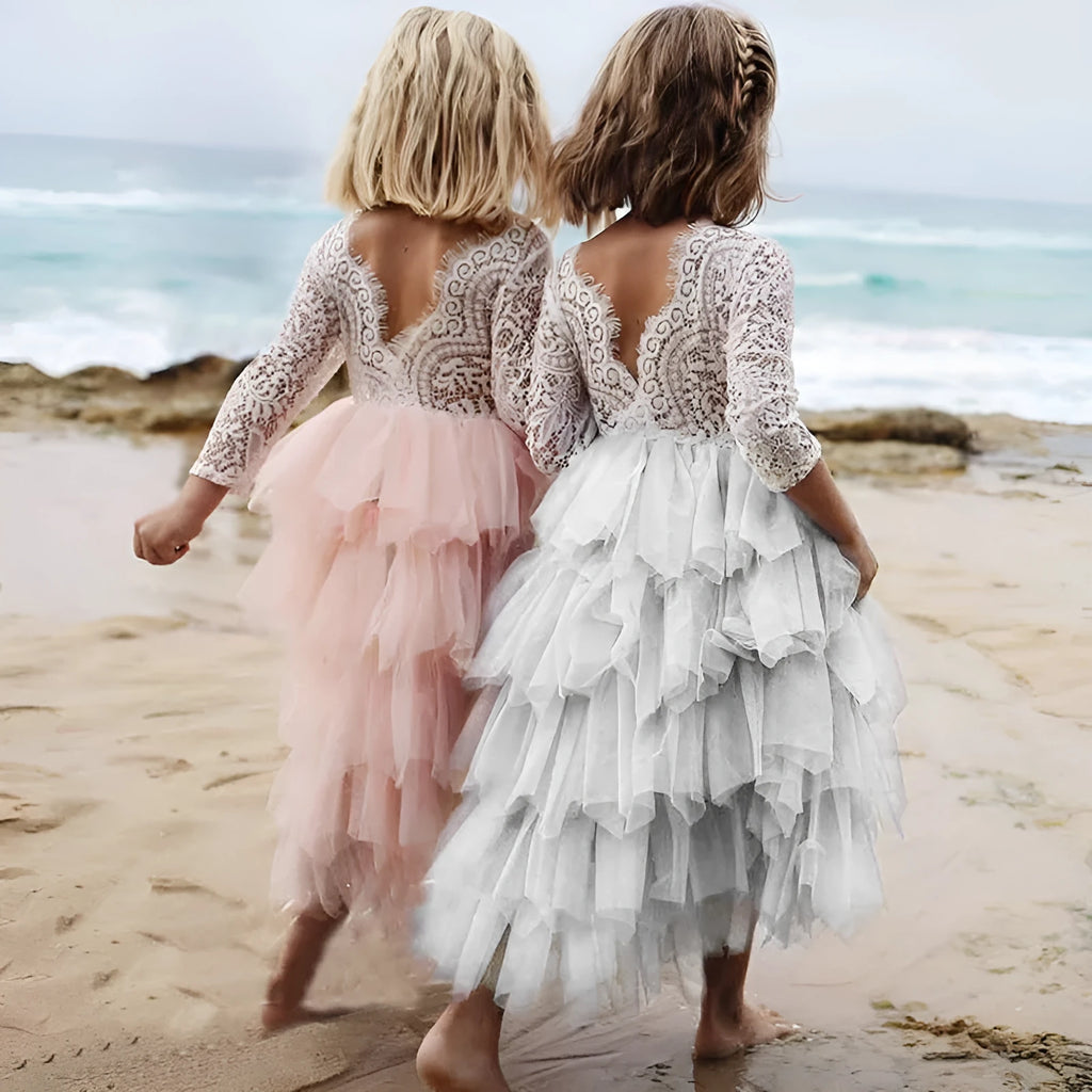 Children's white hollow lace long-sleeved princess dress cotton blend for autumn and winter