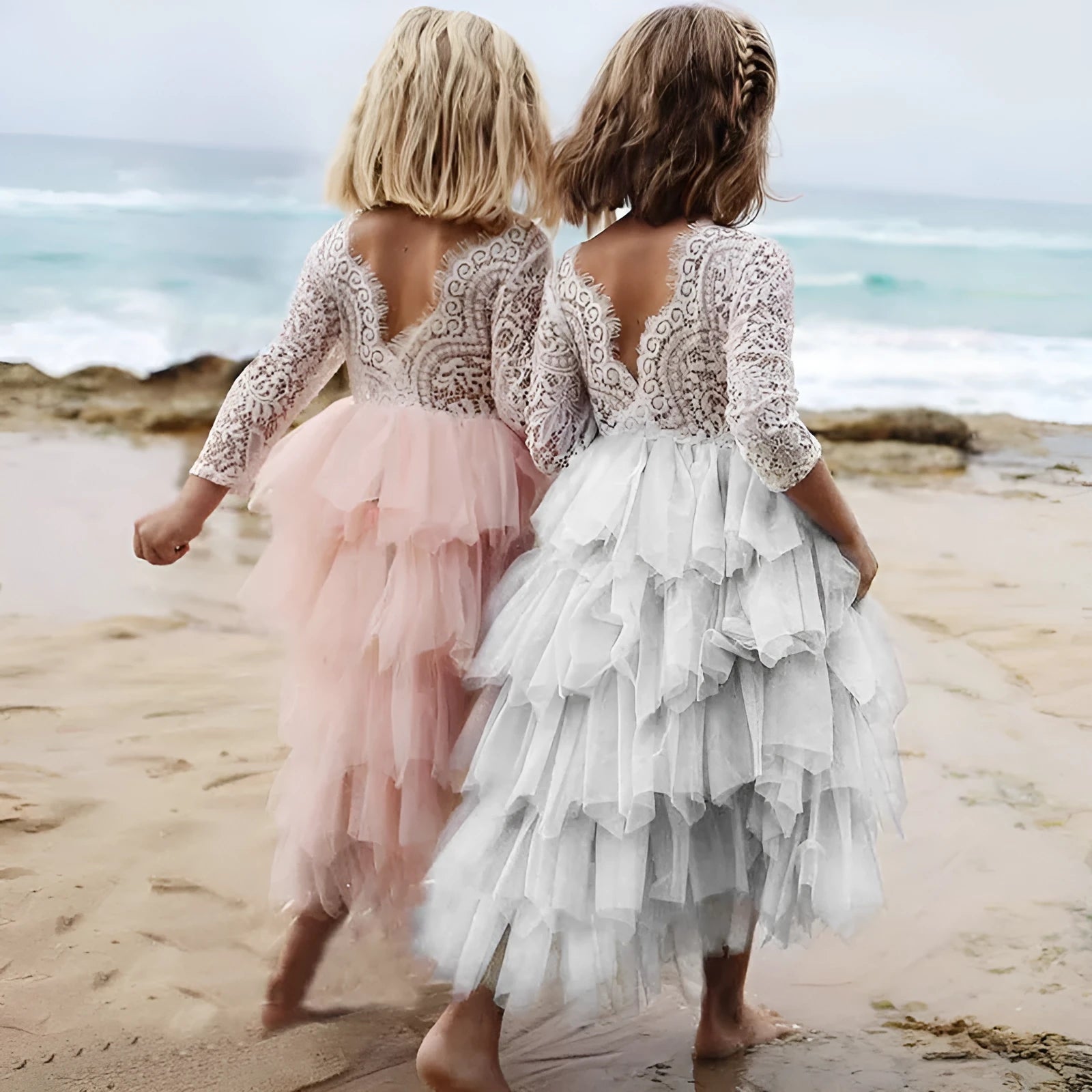 Children's white hollow lace long-sleeved princess dress cotton blend for autumn and winter
