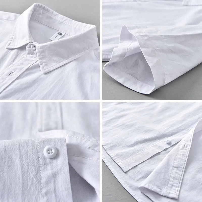 Summer menswear casual short-sleeved cotton shirt in loose cardigan style, white, pure cotton