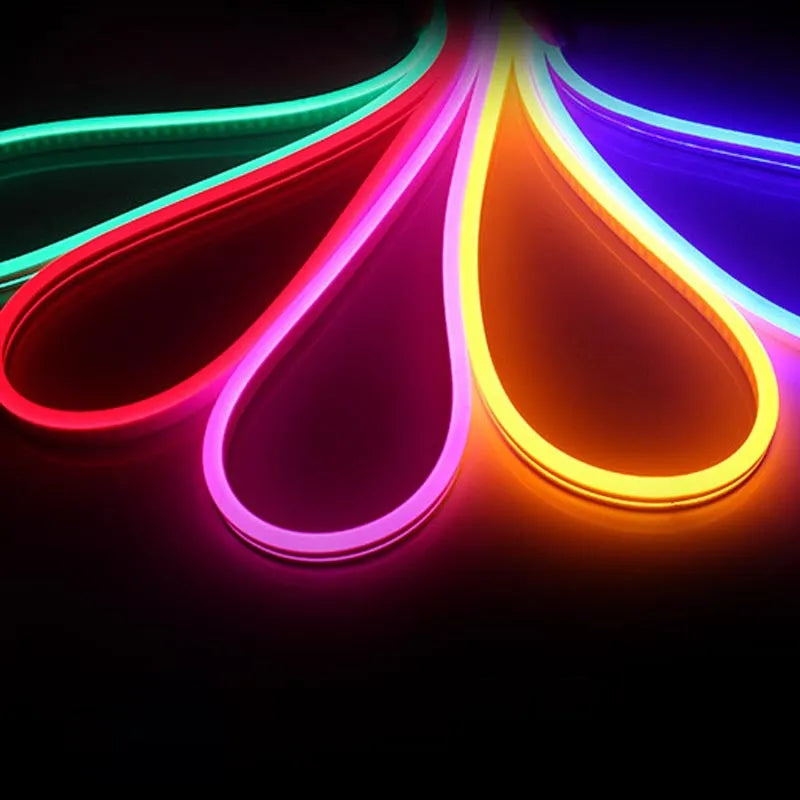 Close-up of flexible blue silicone neon LED strip lighting showing dense LED beads.