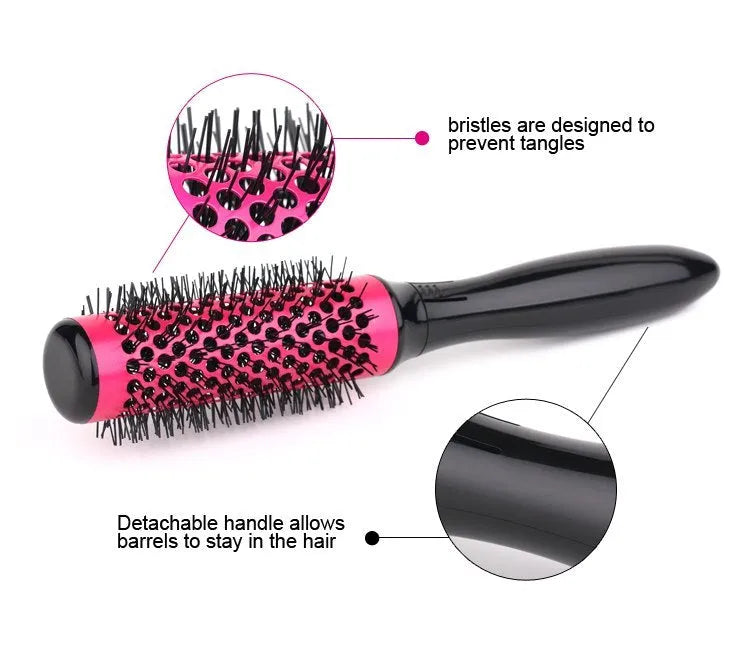 Set of six ceramic hair styling brushes in assorted colours with detachable handle and PVC carry bag