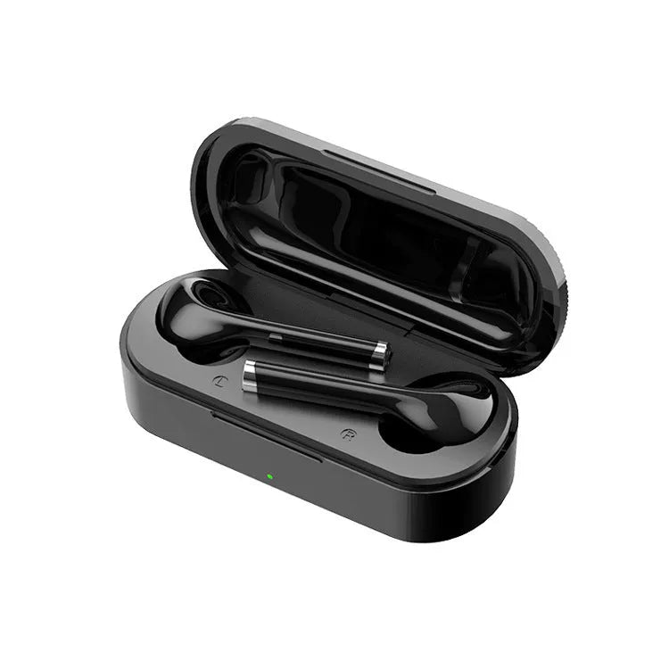 Black Bluetooth 5.0 true wireless headphones with USB charging dock