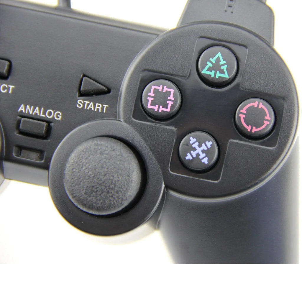 Wired PS2 game controller with USB cable, vibration function, and ABS plastic construction