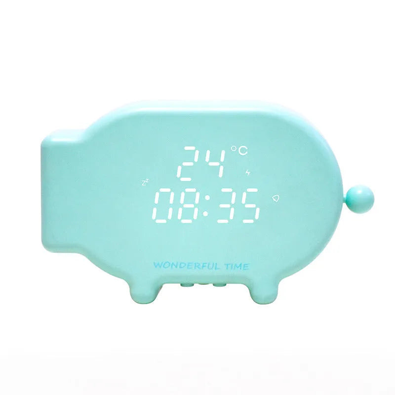 Blue multifunctional LED alarm clock showing time and temperature on display, with USB charging port.