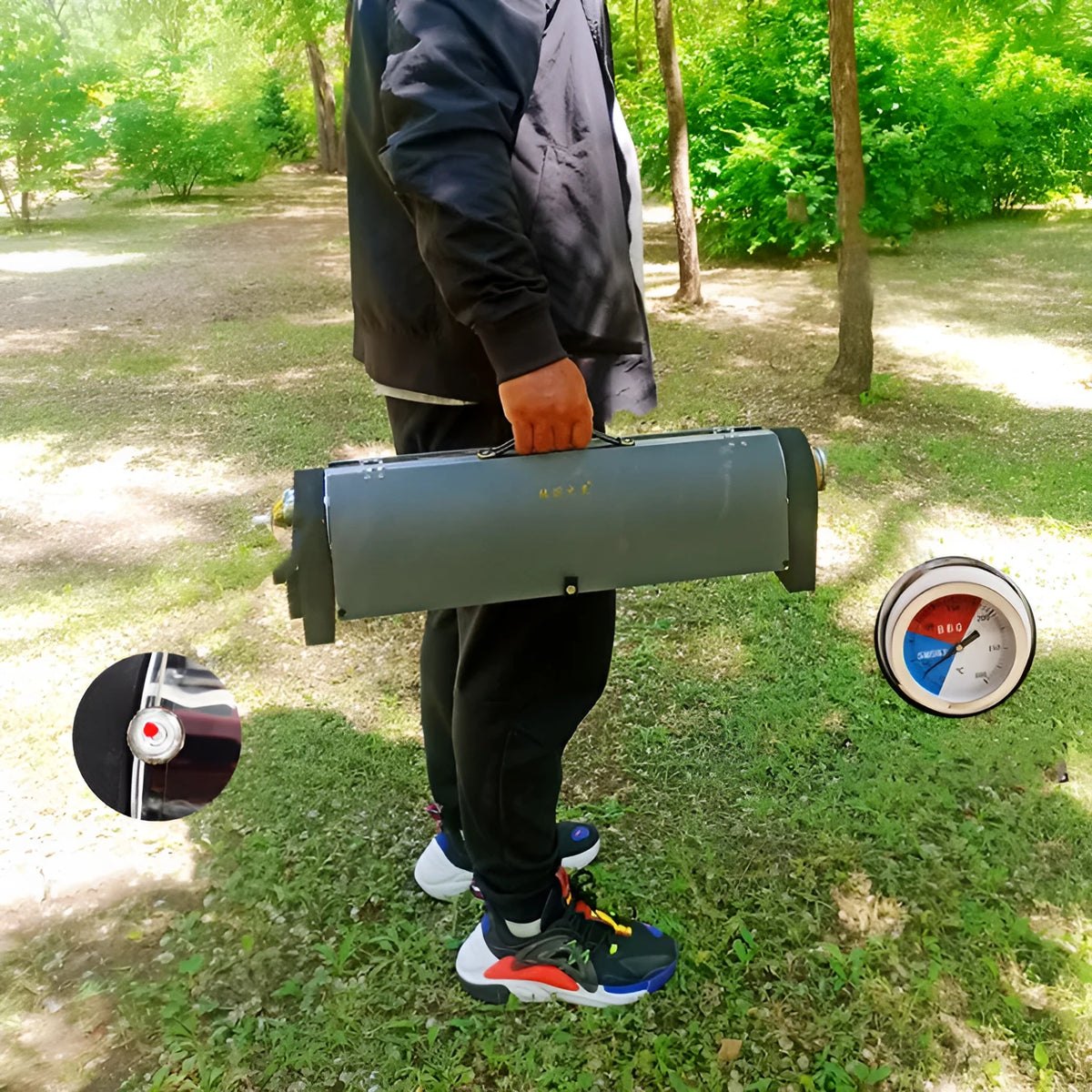 Portable smokeless vacuum tube grill in silver with 1.5L capacity, 620mm tube, and 49x35cm reflector.